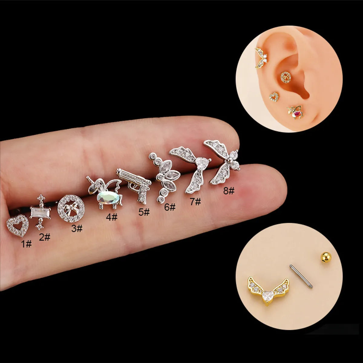 Fashion Heart Shape Unicorn Copper Plating Zircon Ear Studs 1 Piece