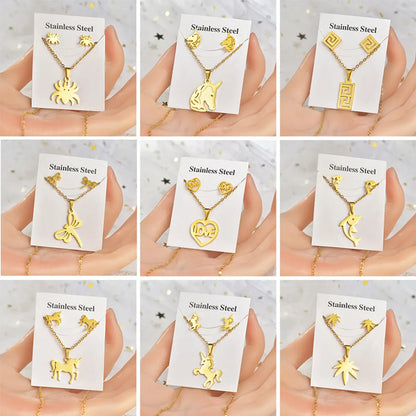 Fashion Heart Shape Unicorn Dragonfly Stainless Steel Alloy Plating Women's Earrings Necklace 1 Set