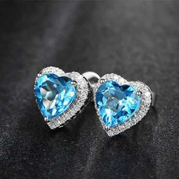 Fashion Heart-shaped Topaz Female Blue Crystal Zircon Copper Earrings