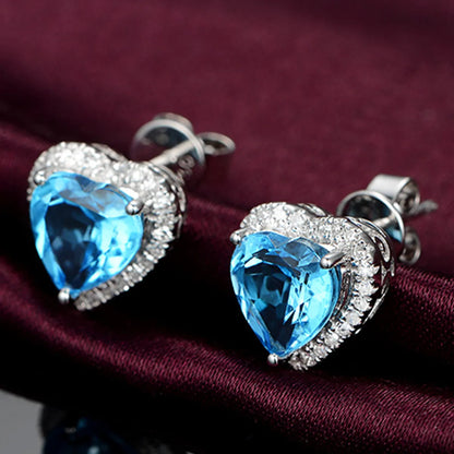 Fashion Heart-shaped Topaz Female Blue Crystal Zircon Copper Earrings