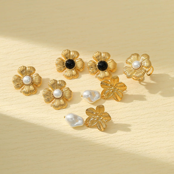 Fashion Highend Pearl Flower Stainless Steel 18K Gold Electroplated Women's Earrings Set