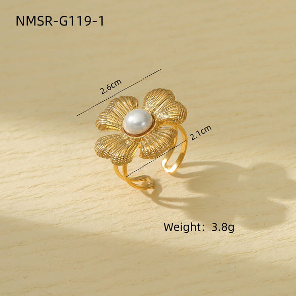 Fashion Highend Pearl Flower Stainless Steel 18K Gold Electroplated Women's Earrings Set