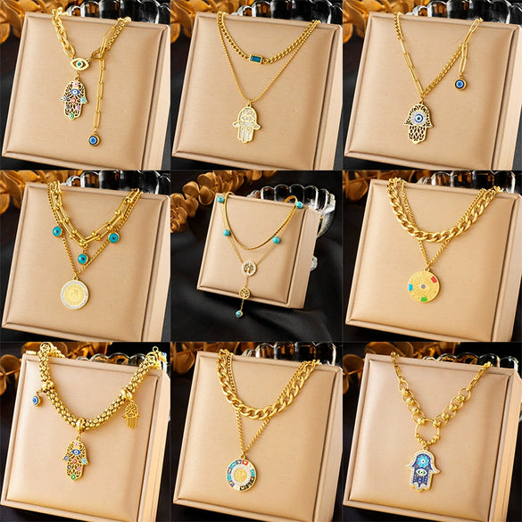 Fashion Highend Retro Doublelayered Goldplated Stainless Steel Palm Eye Pendant Necklace