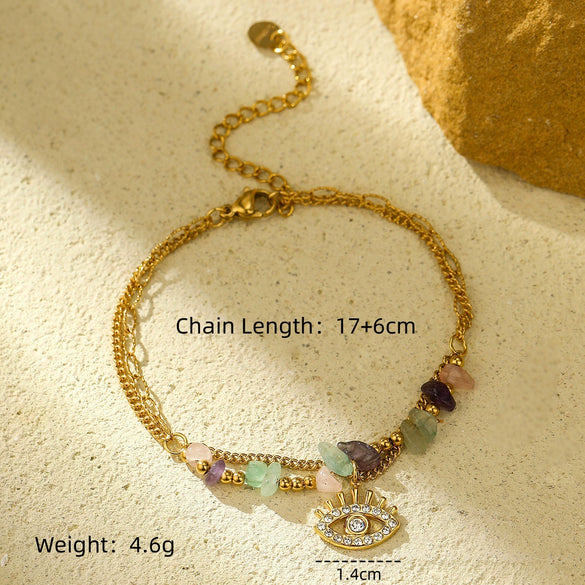Fashion Highend Women's Stainless Steel And 18K Gold Bracelet With Zircon Inlaid Eyes Natural Stone Beads And Electroplating Treatment