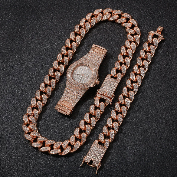 Fashion Hiphop Style Alloy And Stainless Steel Rectangle Dial Watch Bracelet Necklace Set