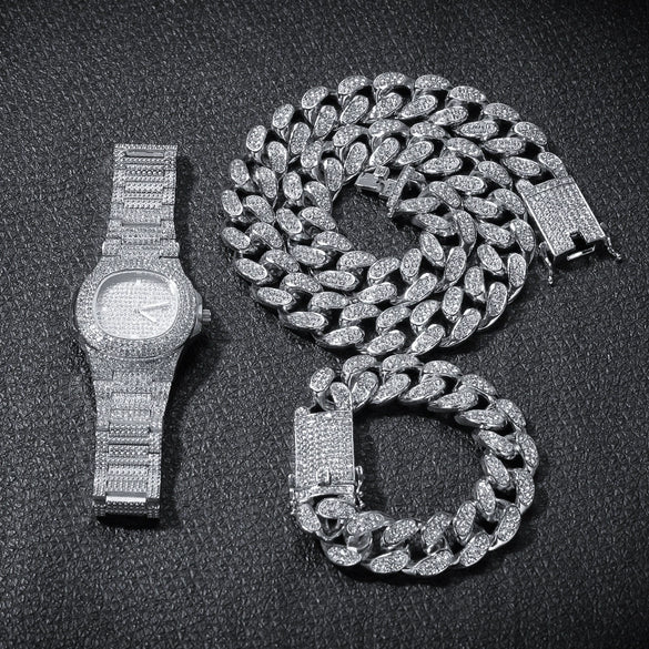 Fashion Hiphop Style Alloy And Stainless Steel Rectangle Dial Watch Bracelet Necklace Set