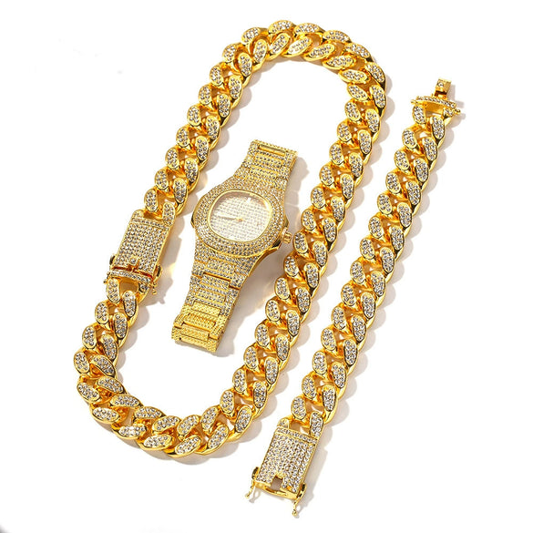 Fashion Hiphop Style Alloy And Stainless Steel Rectangle Dial Watch Bracelet Necklace Set