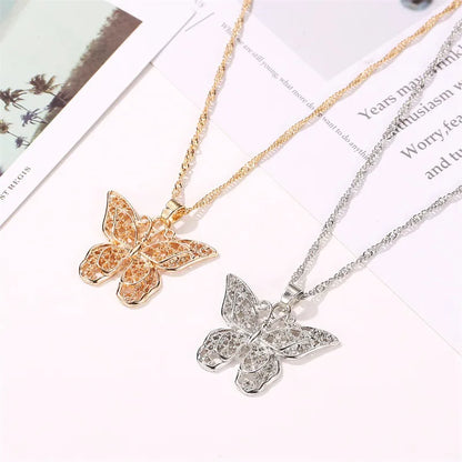 Fashion Hollow Double-Layer Metal Butterfly Pendant Necklace Sweater Chain Big Butterfly Necklace