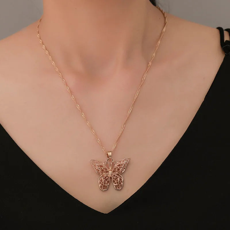 Fashion Hollow Double-Layer Metal Butterfly Pendant Necklace Sweater Chain Big Butterfly Necklace