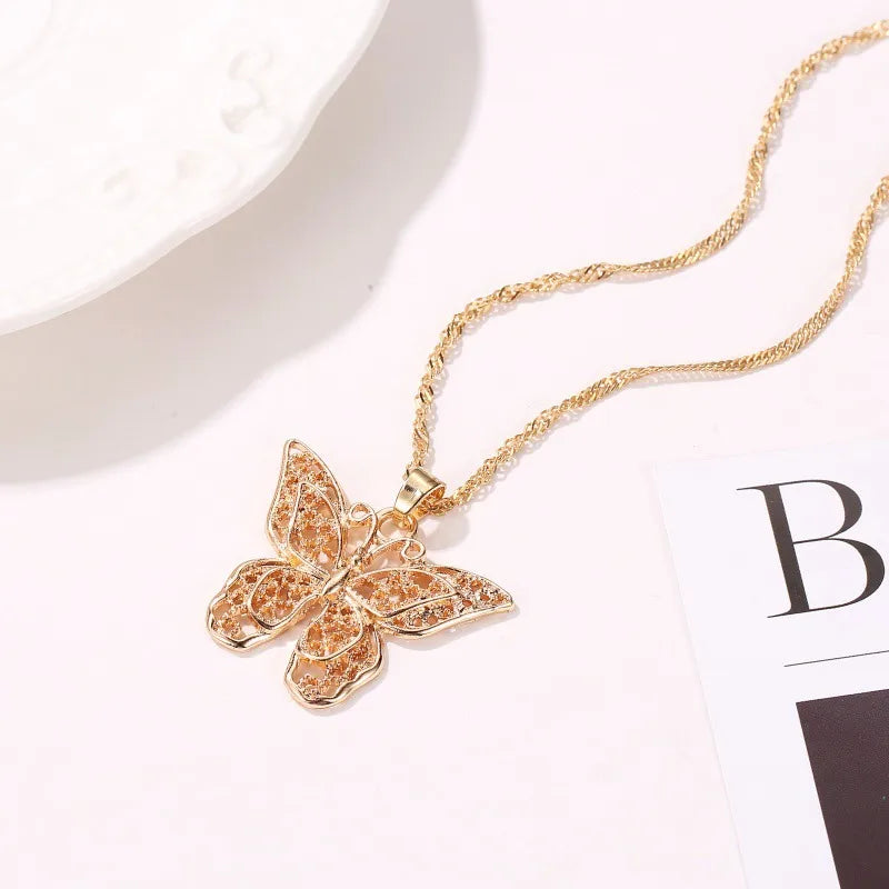 Fashion Hollow Double-Layer Metal Butterfly Pendant Necklace Sweater Chain Big Butterfly Necklace