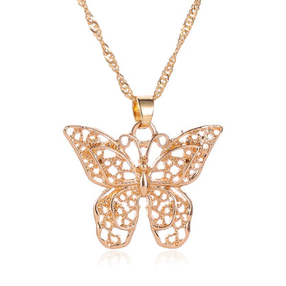 Fashion Hollow Double-Layer Metal Butterfly Pendant Necklace Sweater Chain Big Butterfly Necklace