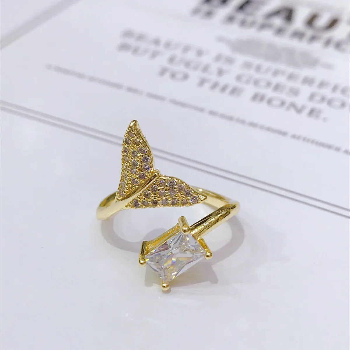 Fashion Hollow Drip Oil Zircon Fishtail Geometric Copper Zircon Open Ring