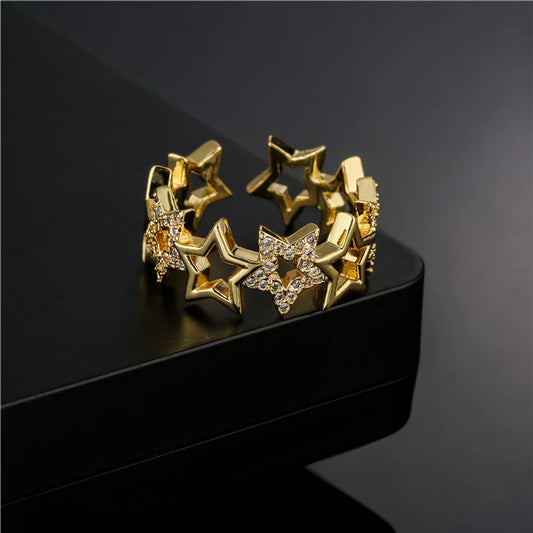 Fashion Hollow Five-pointed Star Copper Micro-inlaid Opening Ring