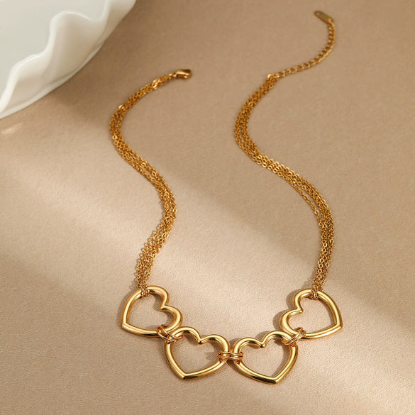 Fashion Hollow Heart And Geometric Pendant Necklace Stainless Steel 18K Gold Plated