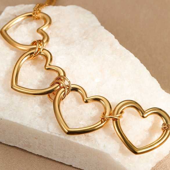 Fashion Hollow Heart And Geometric Pendant Necklace Stainless Steel 18K Gold Plated