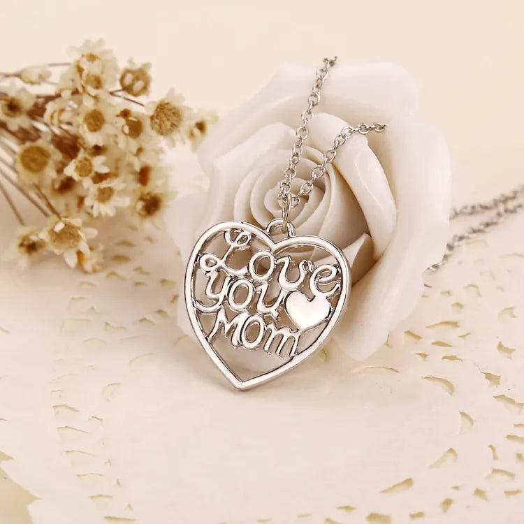 Fashion Hollow Heart Letters Love You Mom Pendant Alloy Necklace