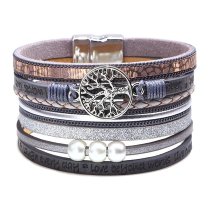 Fashion Hollow Tree Of Life Embossed Letters Pearl Bracelet Wholesale