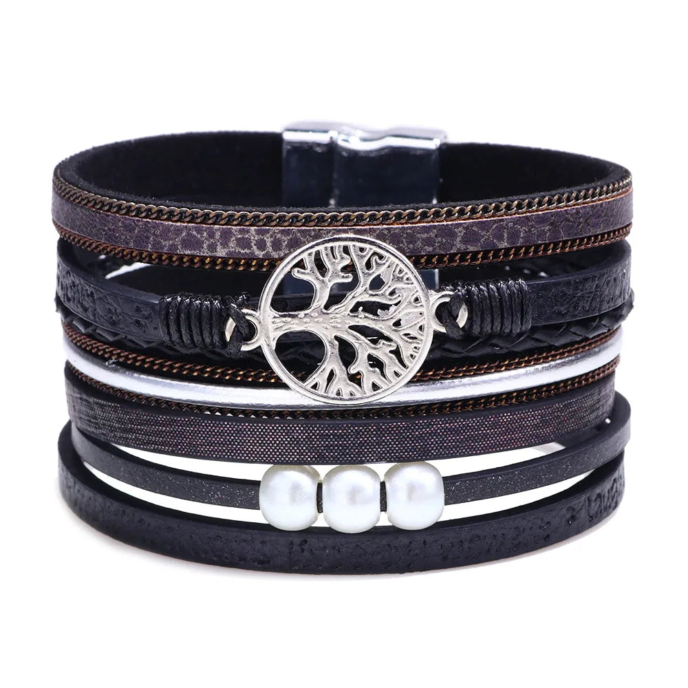 Fashion Hollow Tree Of Life Embossed Letters Pearl Bracelet Wholesale