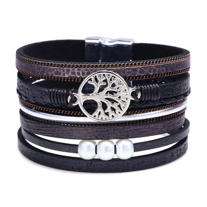 Fashion Hollow Tree Of Life Embossed Letters Pearl Bracelet Wholesale