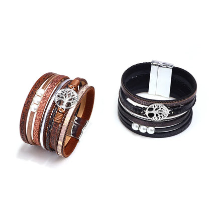 Fashion Hollow Tree Of Life Embossed Letters Pearl Bracelet Wholesale