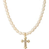 Fashion Imitation Pearl Bead Chain Necklace With Retro Cross Pendant Handmade Geometric Fairy Style Jewelry For Women