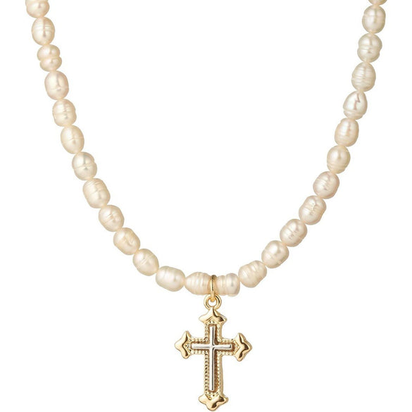 Fashion Imitation Pearl Bead Chain Necklace With Retro Cross Pendant Handmade Geometric Fairy Style Jewelry For Women