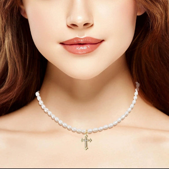Fashion Imitation Pearl Bead Chain Necklace With Retro Cross Pendant Handmade Geometric Fairy Style Jewelry For Women
