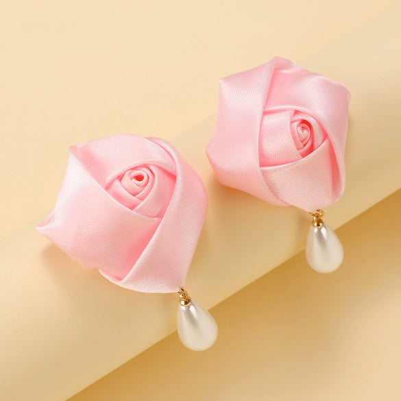 Fashion Imitation Pearl Fabric Rose Handmade Women's Earrings