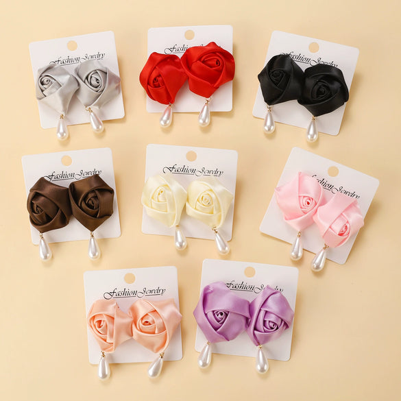 Fashion Imitation Pearl Fabric Rose Handmade Women's Earrings