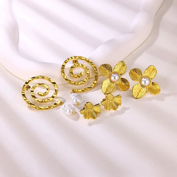 Fashion Imitation Pearl Stainless Steel 18K Gold Electroplated Women's Petal Earrings