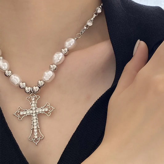 Fashion Cross Pearl Imitation Pearl Steel Aluminum-magnesium Alloy Women's Necklace