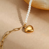 Fashion Imitation Pearl Sweet Heart Pendant Stainless Steel Necklace Plated With Gold Geometric Design