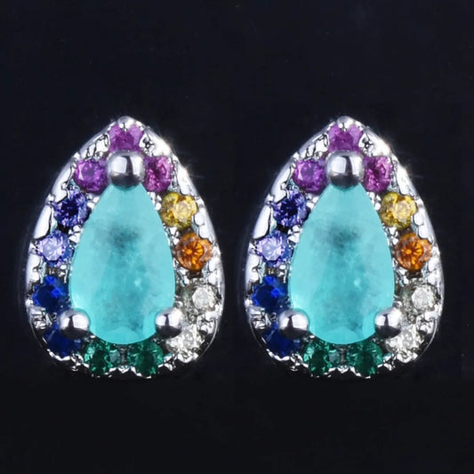 European And American New Personalized Fashion Inlaid Colorful Crystals Stud Earrings Colorful Zircon Lake Water Green Color Paraiba Pear-Shaped Stud Earrings