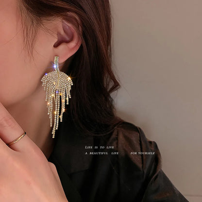 Fashion Inlaid Rhinestone Leaf Tassel Copper Earrings Wholesale