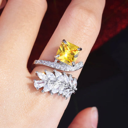 Fashion Inlaid Zircon Leaf Yellow Diamond Ring Ice Flower Copper Ring