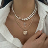 Fashion Ins Diamond Cross Peach Heart Minimalist Alloy Iron Chain Imitation Pearl Beaded Electroplating Geometric Clavicle Necklace For Women