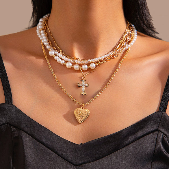Fashion Ins Diamond Cross Peach Heart Minimalist Alloy Iron Chain Imitation Pearl Beaded Electroplating Geometric Clavicle Necklace For Women