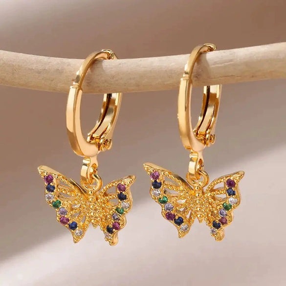 Fashion Ins Style Golden Artificial Crystal Heart Shape Butterfly Pendant Earrings Set With Diamonds For Women