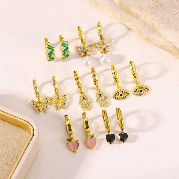 Fashion Ins Style Golden Artificial Crystal Heart Shape Butterfly Pendant Earrings Set With Diamonds For Women