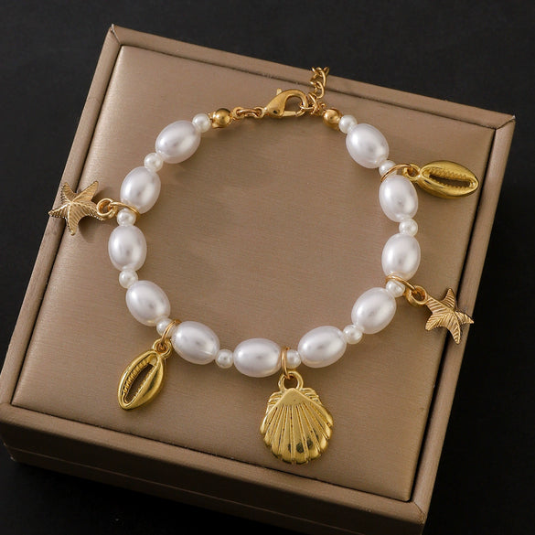 Fashion Irregular Imitation Pearl Bracelet With Starfish Shell Design Electroplated For Women Summer Beach Ocean Series