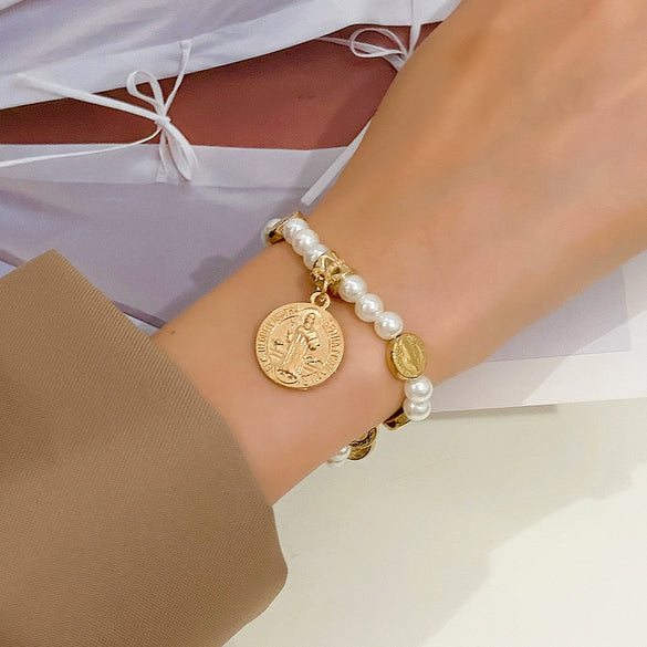 Fashion Jewelry Alloy Geometric Beaded Cross Pendant Electroplated Unisex Bracelet