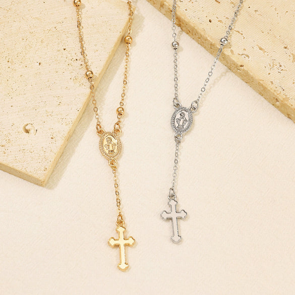 Fashion Jewelry Alloy Geometric Beaded Cross Pendant Electroplated Unisex Bracelet