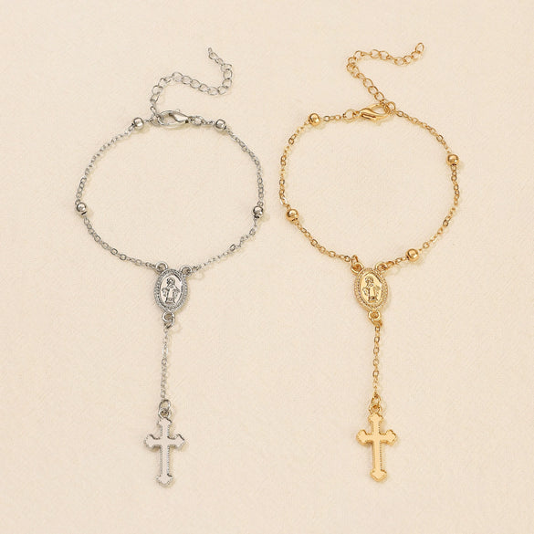 Fashion Jewelry Alloy Geometric Beaded Cross Pendant Electroplated Unisex Bracelet