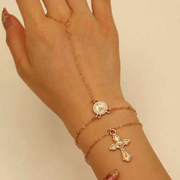 Fashion Jewelry Alloy Geometric Beaded Cross Pendant Electroplated Unisex Bracelet