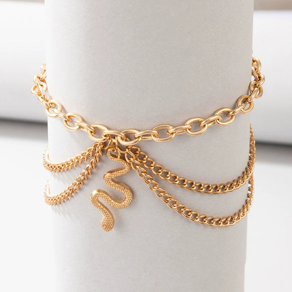 Fashion Jewelry Alloy Heart Shaped Chain Tassel Snake Pendant Three Layer Anklet For Women