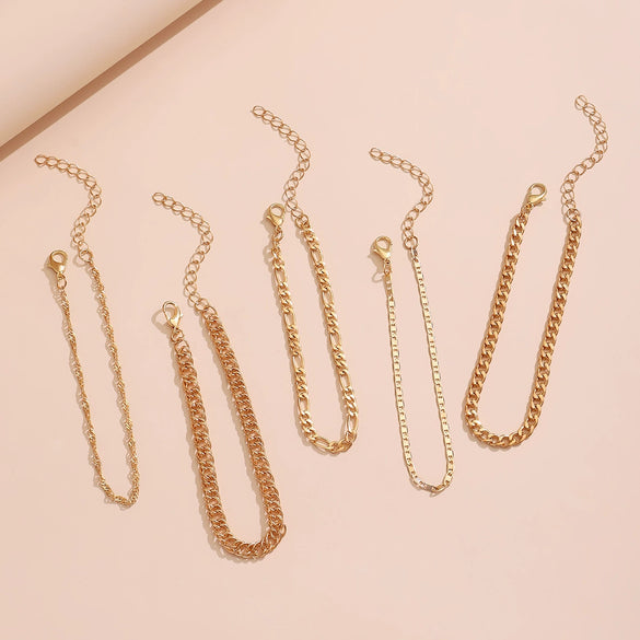 Fashion Jewelry Alloy Multilayer Metal Chain Geometric Snake Chain Beach Anklet Fivepiece Set For Women