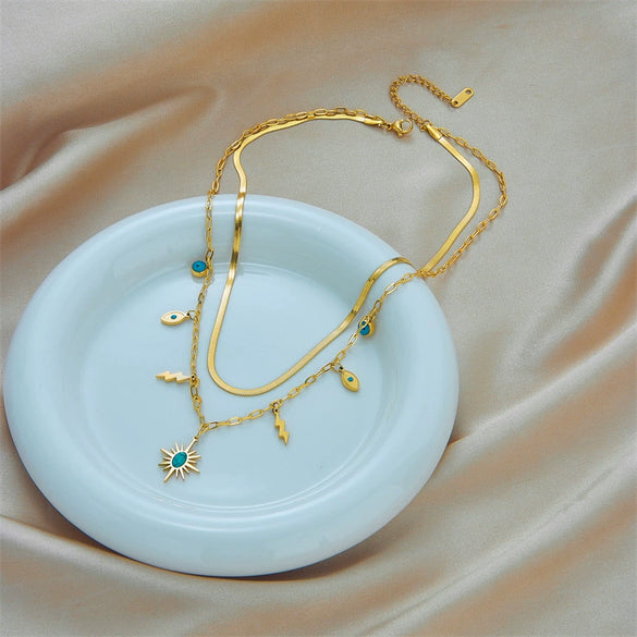 Fashion Jewelry Double Layer Clavicle Chain With Green Eyes Pendant Titanium Steel Geometric Design Electroplating Light Luxury Niche Design Sense Unisex