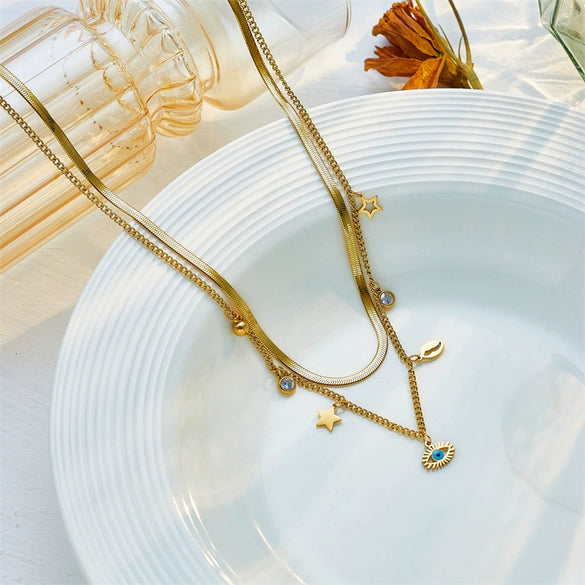 Fashion Jewelry Doublelayered Titanium Steel Star Shell Hollow Eye Pendant Clavicle Necklace Geometric Electroplated