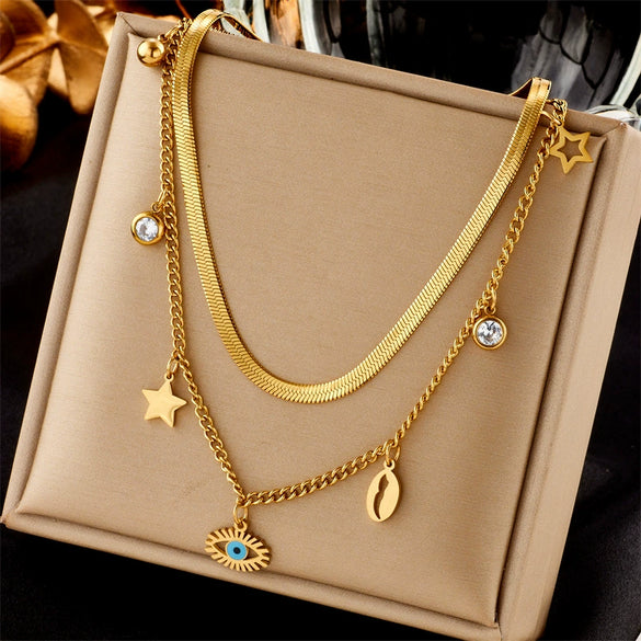 Fashion Jewelry Doublelayered Titanium Steel Star Shell Hollow Eye Pendant Clavicle Necklace Geometric Electroplated