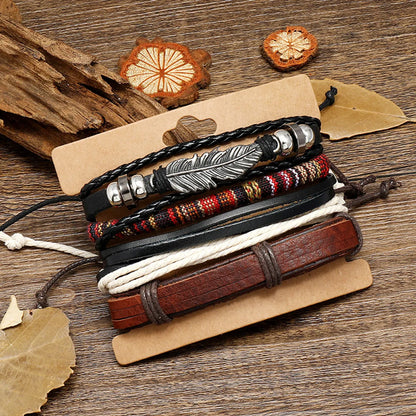 Fashion Jewelry Hand-woven Retro Cowhide Bracelet Diy Four-piece Bohemian Combination Bracelet